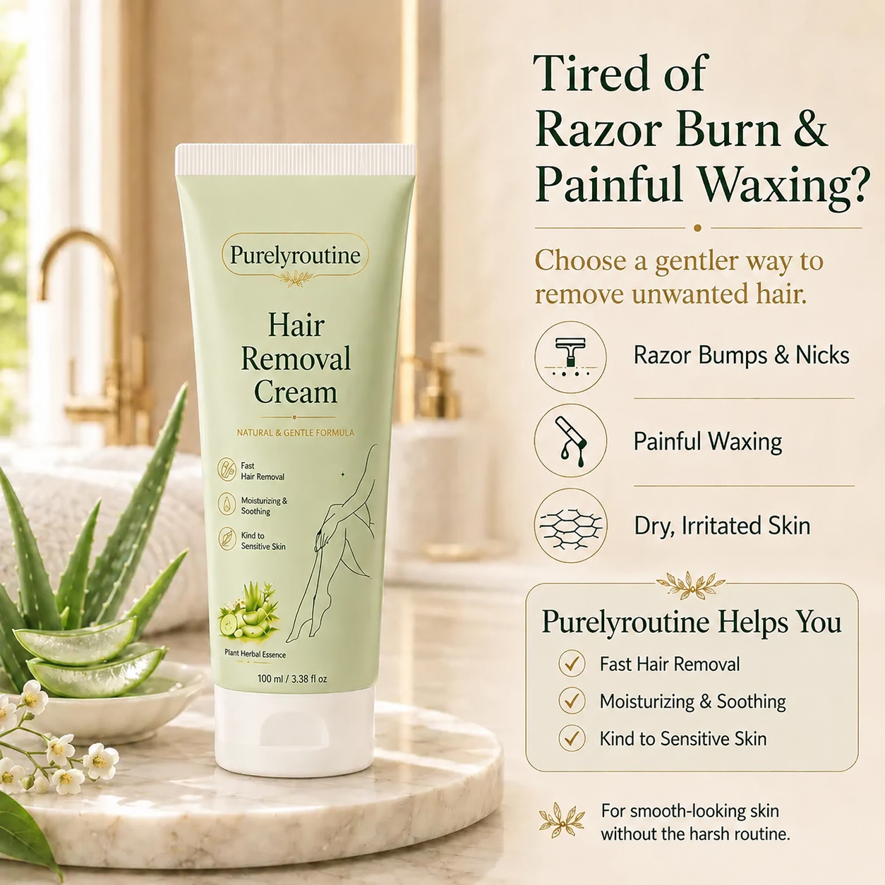 Purelyroutine™ Natural Gentle Hair Removal Cream | For Women & Men, Sensitive Skin