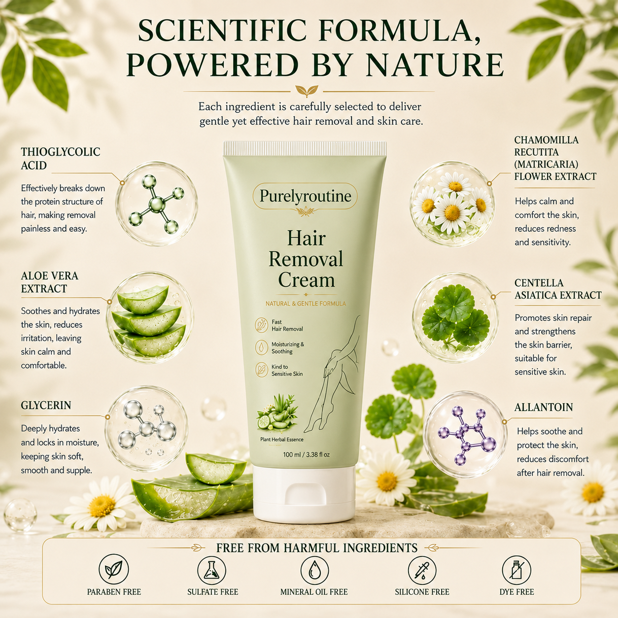 Purelyroutine™ Natural Gentle Hair Removal Cream | For Women & Men, Sensitive Skin