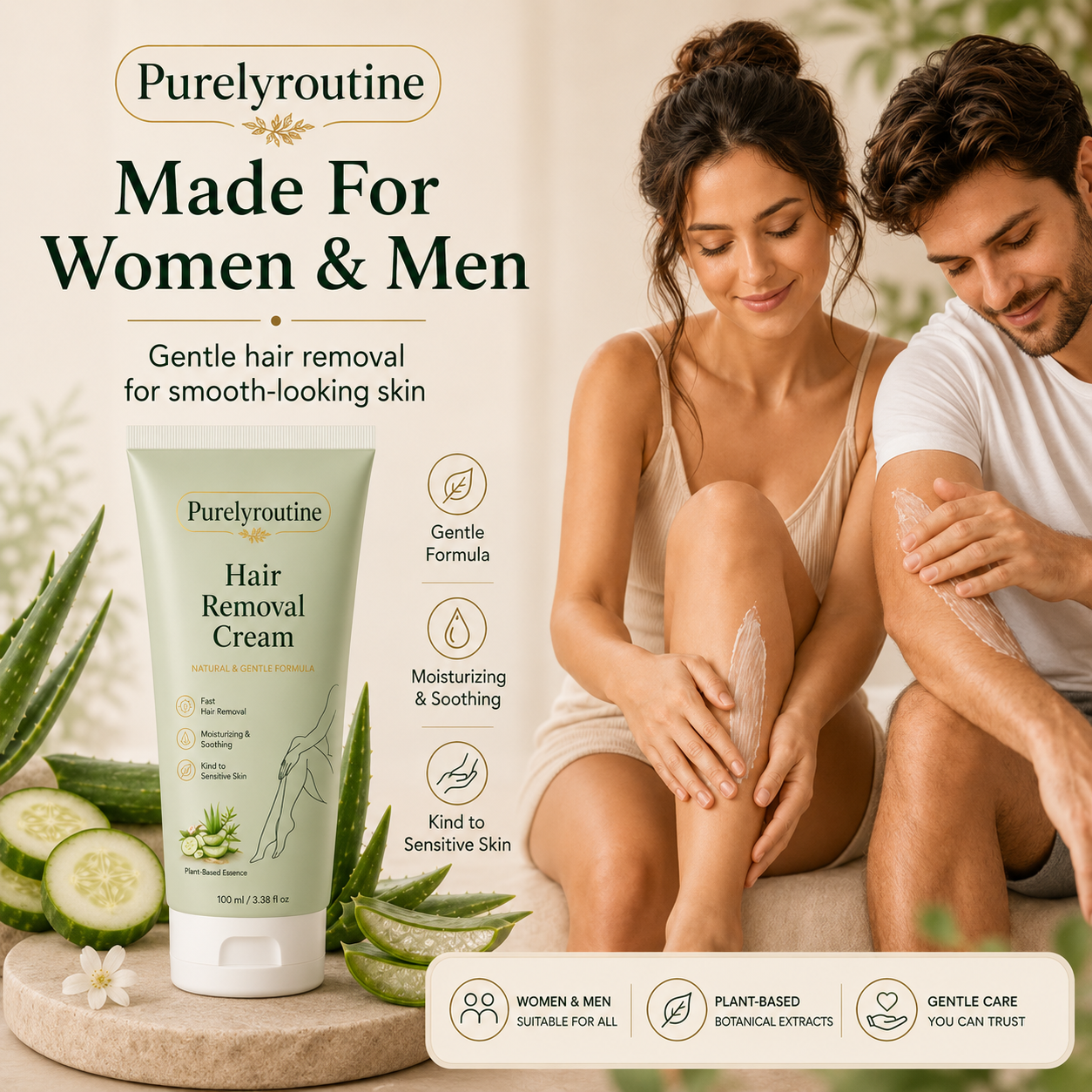 Purelyroutine™ Natural Gentle Hair Removal Cream | For Women & Men, Sensitive Skin